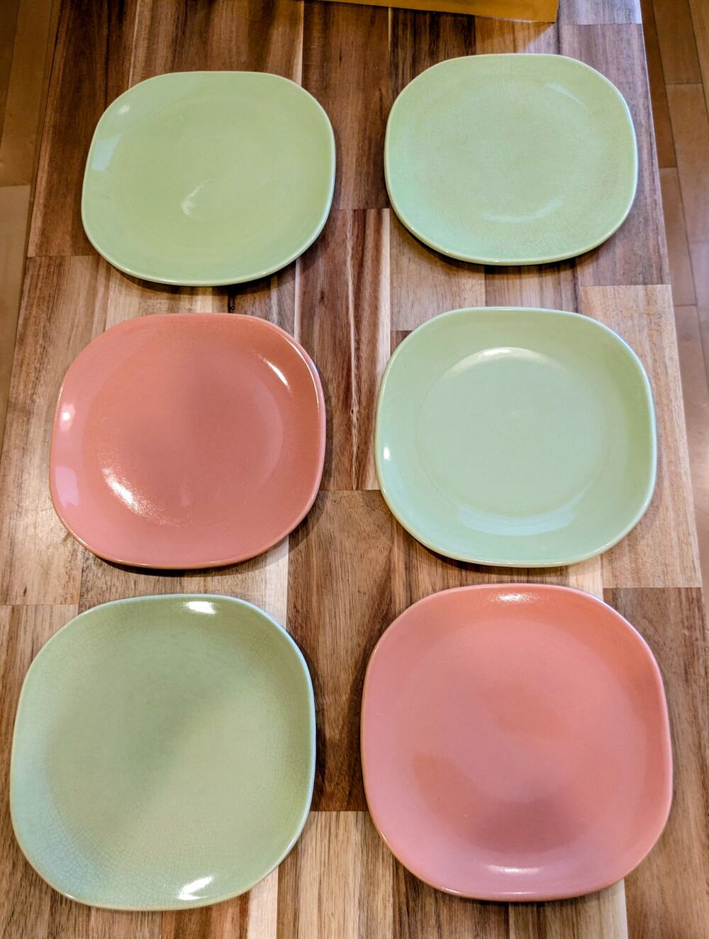 Vintage  Pastel Square Salad Plates Set of 6 -7” Pink & Sage Green Retro Ceramic